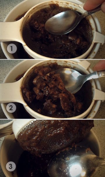 Tamarind being pushed through a strainer. | secretsofcooking.com
