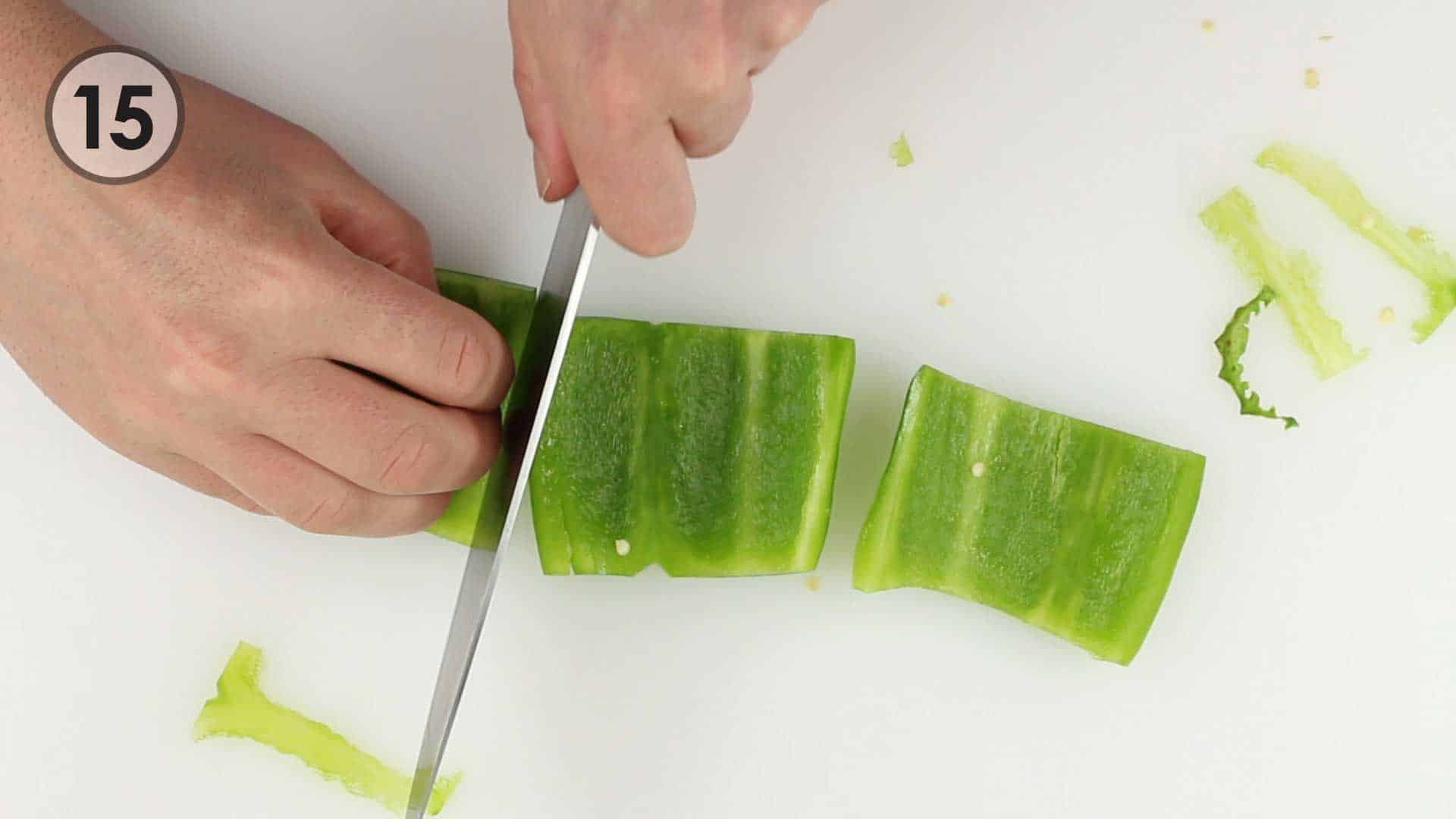Step 15. Cutting three smaller sheets from the long sheet of pepper.