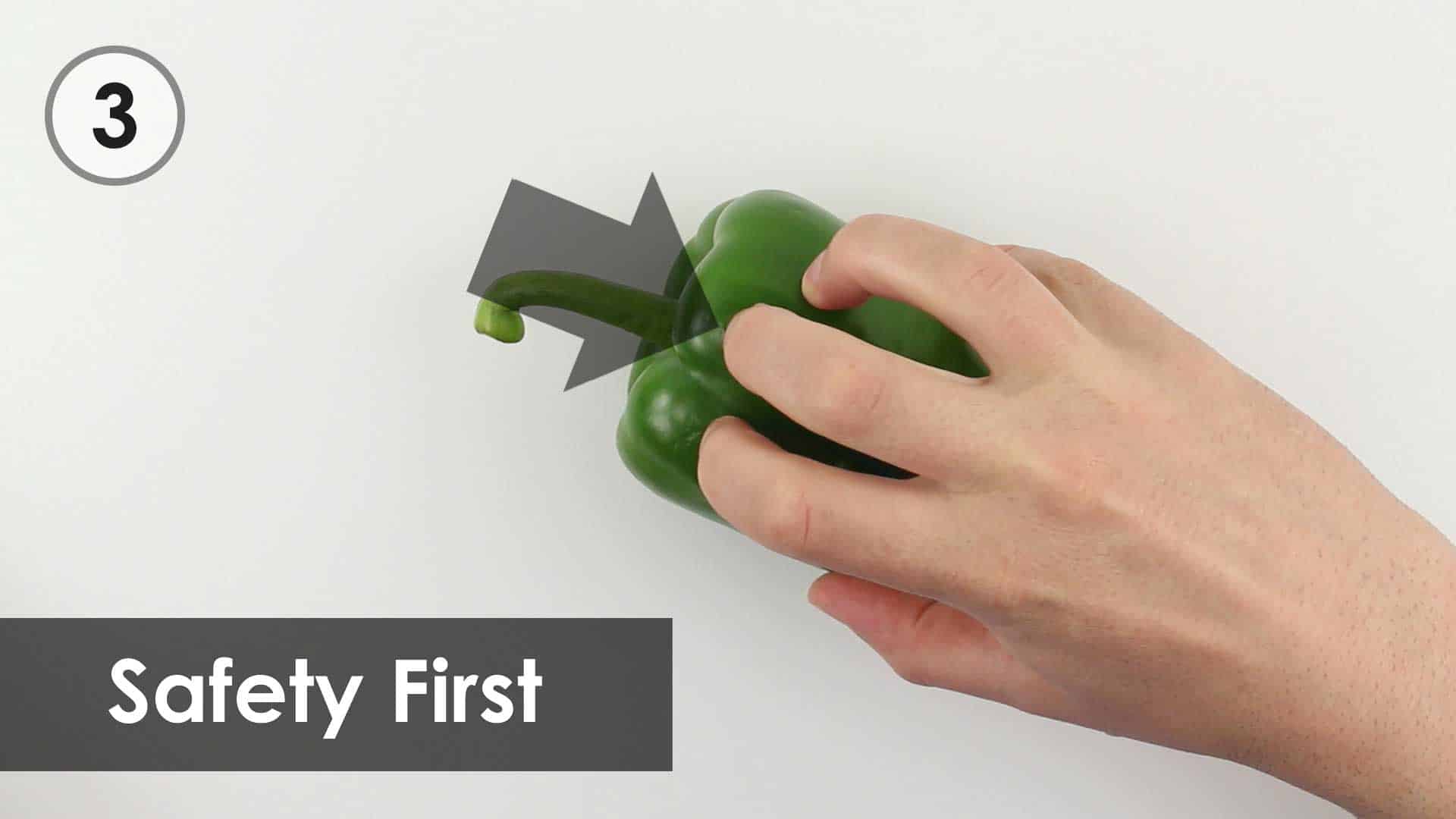 Step 3. Fingers curled back holding bell pepper. Safety First.