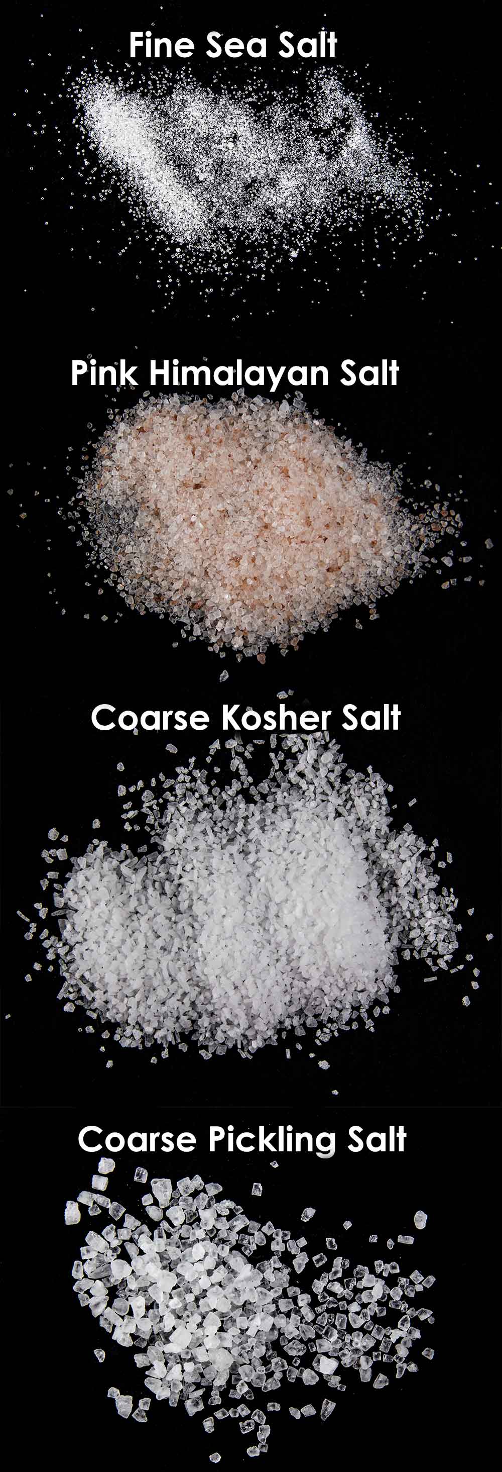 close up on black backround of pink himalayan salt, Fine sea salt, coarse kosher salt, and coarse pickling salt